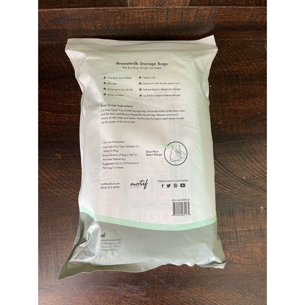 NEW Motif Medical Breastmilk Storage Bags 100 Count 8 oz BPA-Free Leak-Proof